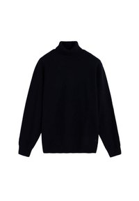 Suéter de cuello alto en un azul marino oscuro, hecho de una suave tela de punto. Presenta mangas largas y un cuello acanalado, ofreciendo una silueta relajada.