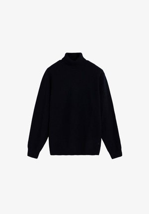 Suéter de cuello alto en un azul marino oscuro, hecho de una suave tela de punto. Presenta mangas largas y un cuello acanalado, ofreciendo una silueta relajada.
