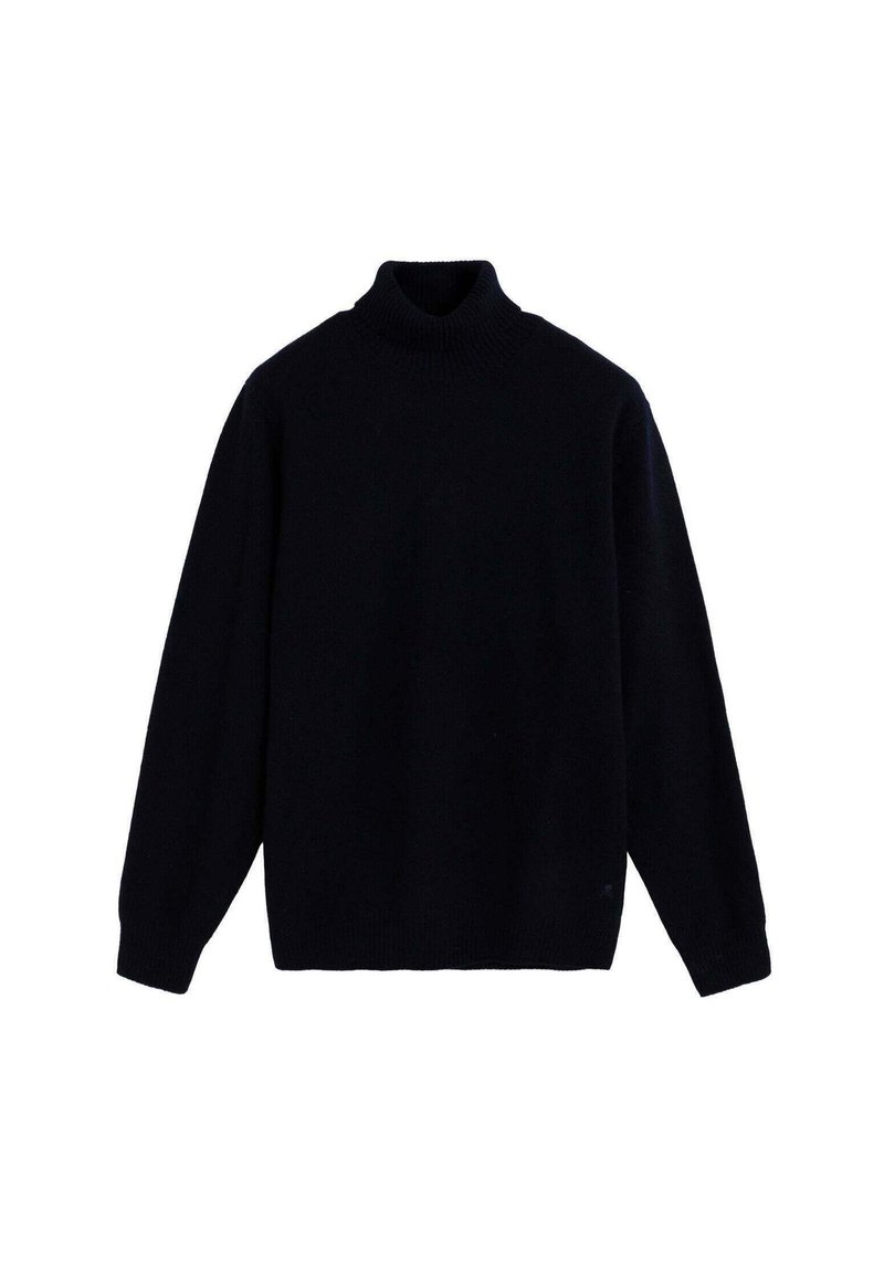 Suéter de cuello alto en un azul marino oscuro, hecho de una suave tela de punto. Presenta mangas largas y un cuello acanalado, ofreciendo una silueta relajada.