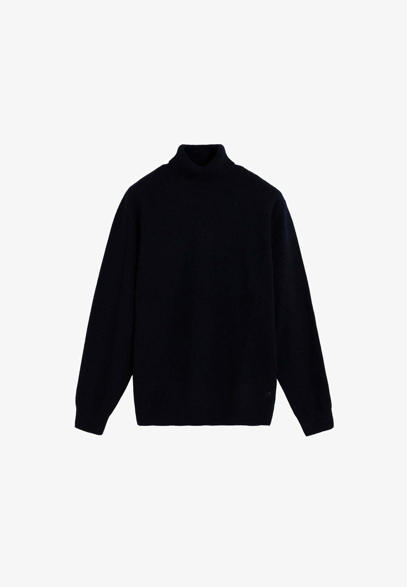 Suéter de cuello alto en un azul marino oscuro, hecho de una suave tela de punto. Presenta mangas largas y un cuello acanalado, ofreciendo una silueta relajada.