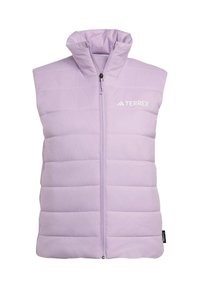 Hellviolette Steppweste mit hohem Kragen, Reißverschluss und horizontalem Steppmuster. Mit dem TERREX-Logo in Weiß.