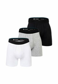 Three pairs of boxer briefs in white, gray, and black, featuring a soft elastic waistband with "STANCE" branding and a snug fit design.
