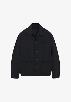 Black wool shirt jacket with a collar, six buttons down the front, and two large patch pockets. Clean, minimalist design with a structured silhouette.