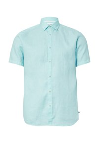 Camicia a maniche corte, con bottoni, in lino azzurro chiaro. Presenta un colletto classico e bottoni argentati, con una texture liscia e traspirante.