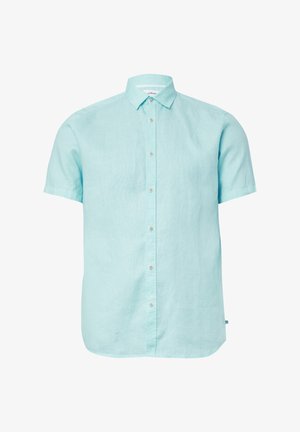 Chemise à manches courtes, boutonnée en lin bleu clair. Dotée d'un col classique et de boutons en argent, avec une texture lisse et respirante.
