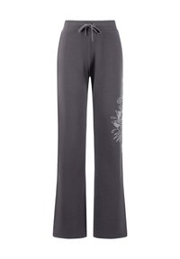 Grijze katoenen sweatpants met een trekkoordtaille, een uitlopende pijpdesign en een bloemendessin aan de linkerkant.