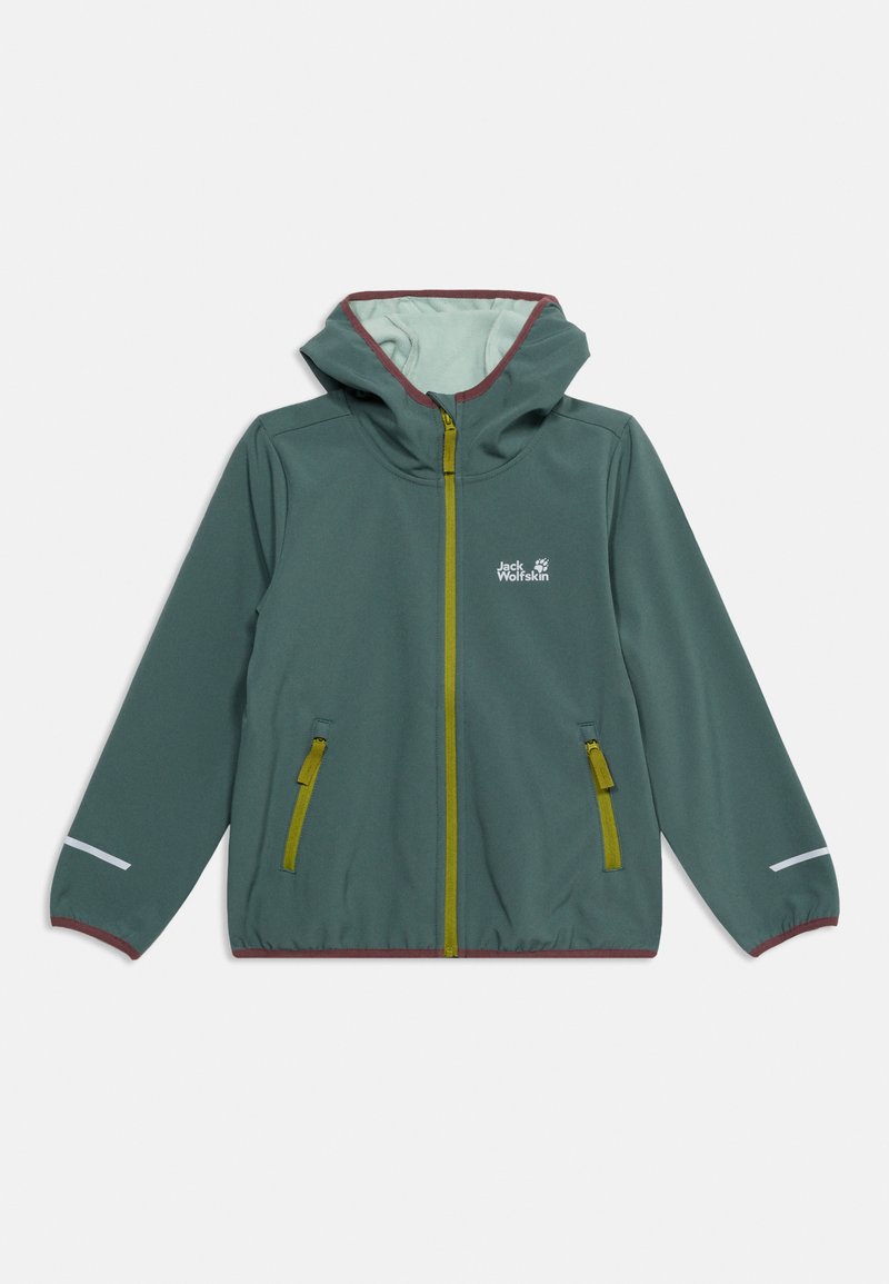 Πράσινο softshell μπουφάν με κουκούλα, κίτρινο φερμουάρ και διακοσμητικά τσέπης, ελαστικά μανίκια και το λογότυπο Jack Wolfskin στο στήθος.