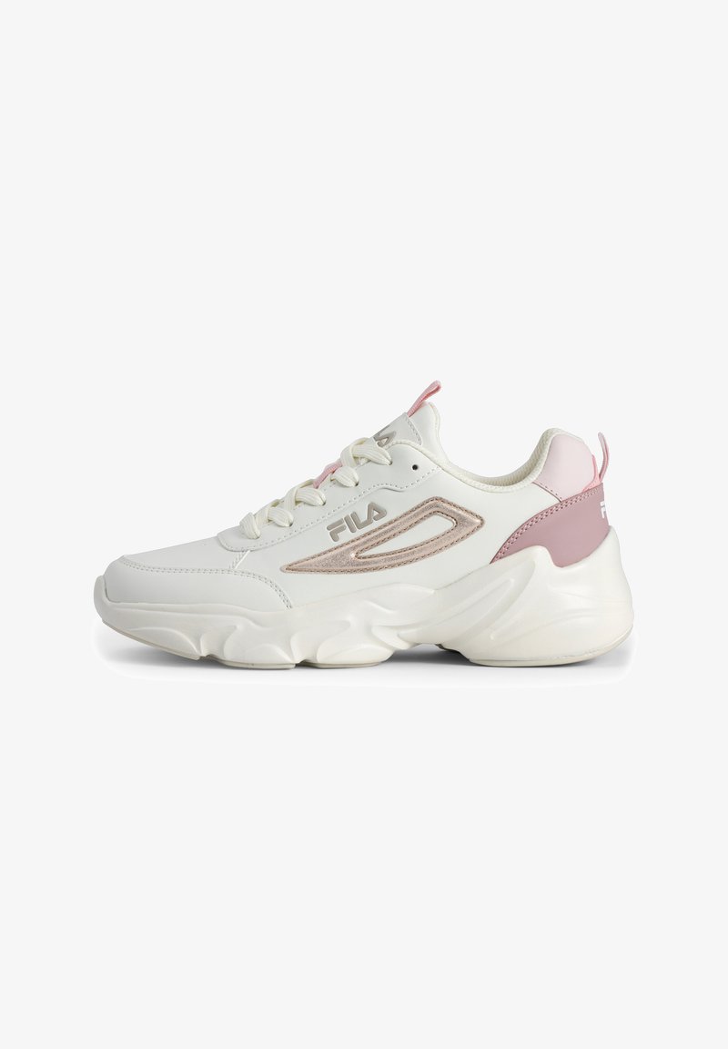 Baskets blanches avec des accents rose clair, en matériaux en mesh et synthétiques, bout arrondi, col rembourré et semelle texturée pour l'adhérence.