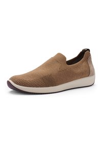Light brown slip-on sneaker with knitted fabric upper, ribbed elastic side panels, and white cushioned sole with dark brown tread.
