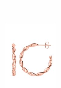 Roségull hoops med vridd design. Har en glatt, polert overflate og en sikker postlukking for enkel bruk.