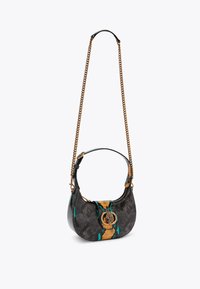 Borsa hobo in pelle nera con stampa serpente, accenti turchesi e arancioni, hardware dorato e tracolla a catena.