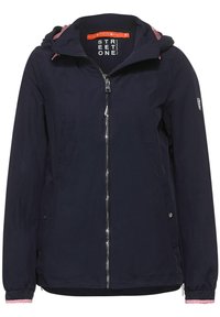 Marinblå lättviktsjacka med dragkedja fram, elastiska ärmslut, justerbar huva och rosa detaljer på dragkedjan och ärmsluten.