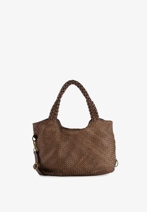 Braune geflochtene Lederhandtasche mit strukturiertem Muster, doppelt geflochtenen Griffen und einem abnehmbaren Schultergurt. Verfügt über ein geräumiges Hauptfach.