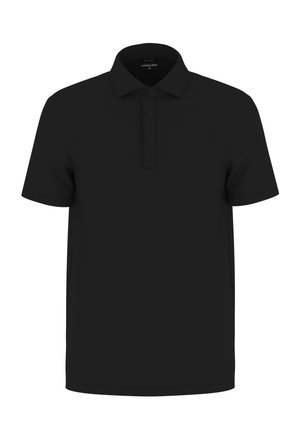 Schwarzes Polohemd aus einem weichen Stoff. Mit klassischem Kragen, Knopfleiste mit drei Knöpfen und kurzen Ärmeln. Einfaches, einfarbiges Design.