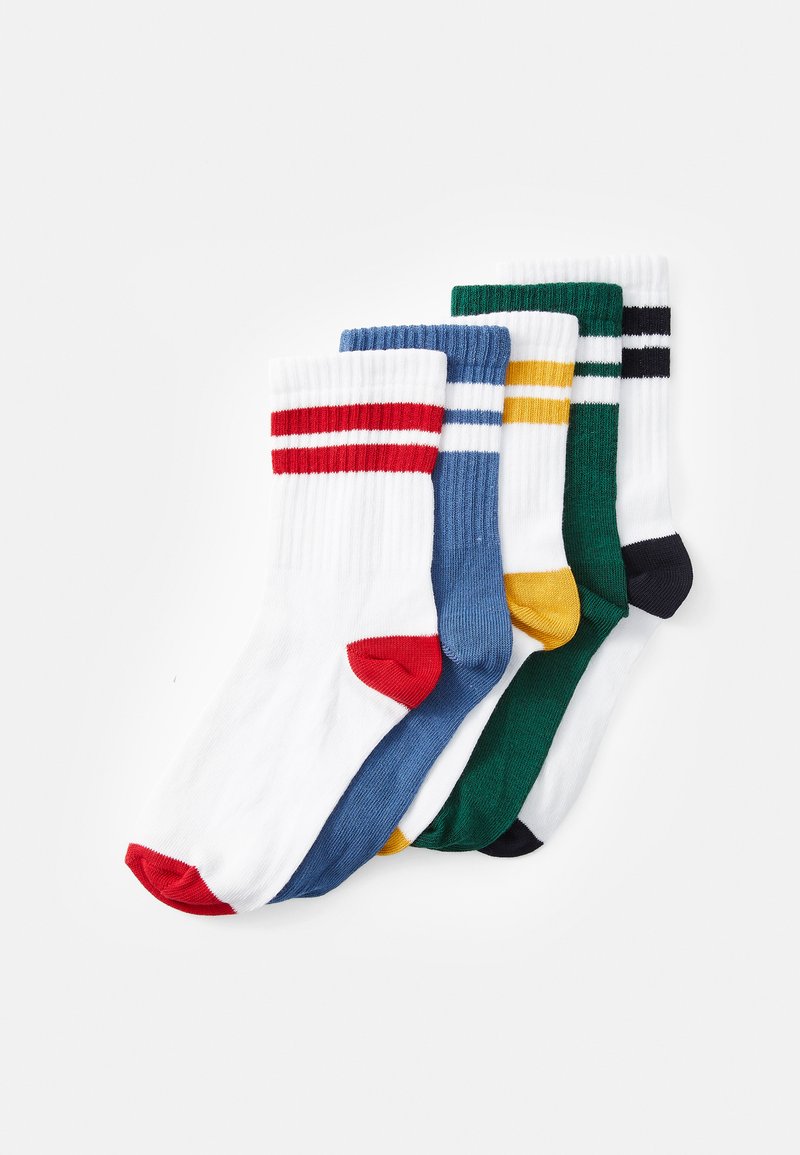 Cinco pares de calcetines de tripulación en blanco, azul, verde, negro y amarillo. Las características incluyen textura acanalada y acentos a rayas en contraste en la parte superior.