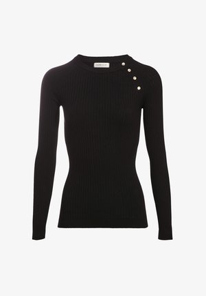 Schwarzer, gerippter Langarmpullover mit Rundhalsausschnitt und vier dekorativen Knöpfen an der linken Schulter, aus einem figurbetonten Stretchmaterial gefertigt.