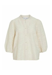 Light cream, textured blouse with a mandarin collar, button closure, and billowy sleeves. Subtle wavy pattern throughout the fabric.