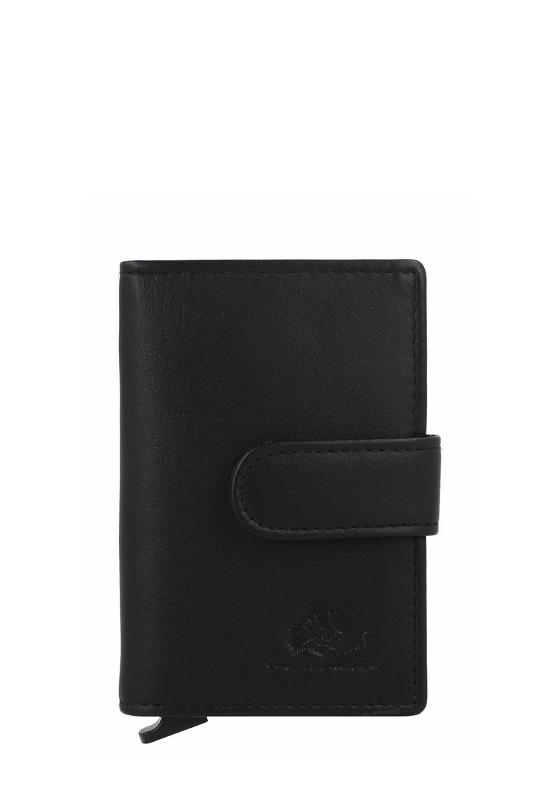 Portafoglio in pelle nera con una texture liscia, dotato di chiusura a scatto e logo in rilievo. Design rettangolare con angoli arrotondati.