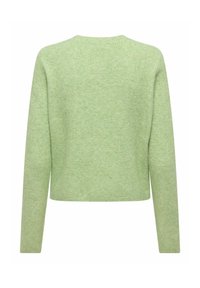 Heleroheline kootud kampsun ümar kaeluse ja pikkade varrukatega. Kangas tundub pehme, peene triibulise tekstuuriga ja lühendatud lõikega.