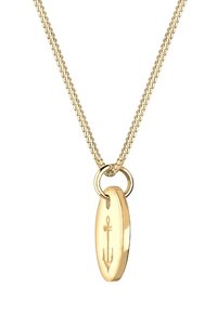 Guldkæde med en snoet kæde og en oval vedhæng, der viser et indgraveret ankerdesign. Glat tekstur med en blank finish.