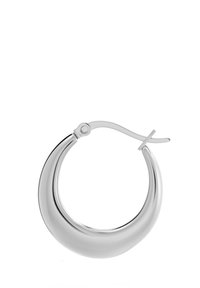 Hõbedane rõngaskõrvarõngas, millel on kumer, kuu kuju. Sile, peegeldav pind ja kindel kinnitamine, millel on minimalistlik disain.