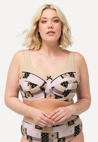 Beige en gemusterd beha met roze, zwart en gouden geometrische ontwerpen; heeft brede banden en een strikaccent in het midden.