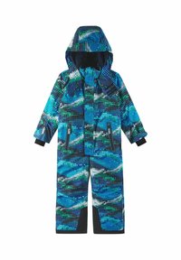 Colorful blue and green patterned snowsuit with a hood, zippered pockets, and black accents at cuffs and legs. Waterproof fabric.