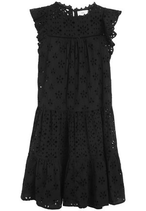 Robe noire sans manches avec motif floral ajouré, épaules volantées, jupe à volants et fermeture par bouton en forme de goutte d'eau au dos de l'encolure.