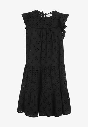 Schwarzes ärmelloses Kleid mit Lochblumenmuster, gerafften Schultern, mehrstufigem Rock und Knopfverschluss in Schlitzoptik am hinteren Halsausschnitt.