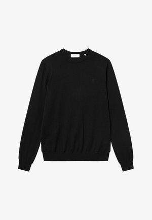 Sudadera negra hecha de una tela suave, con un cuello redondo y puños y dobladillo de canalé, además de un detalle de logo minimalista en el pecho.