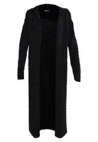 Langer schwarzer Cardigan mit einer fusseligen Textur, offener Vorderseite und langen Ärmeln. Das Innere hat ein glattes, schwarzes Strickfutter.