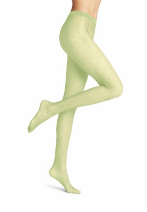 Helle grüne Strumpfhosen mit einem transparenten Muster, das kleine, gleichmäßig verteilte dunkelgrüne Punkten zeigt, sowie einem festen elastischen Bund.