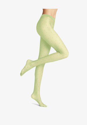 Collants vert clair avec une texture transparente ornée de petits pois verts plus foncés, répartis uniformément, et une taille élastique solide.