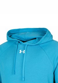 Blue cotton hoodie featuring a drawstring hood, raglan sleeves, and a white logo on the chest. Smooth texture and athletic design.