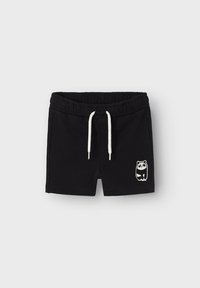 Black cotton shorts with elastic waistband and white drawstring, featuring a small panda graphic on the lower left side.