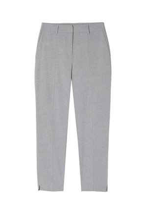 Szürke, szabott nadrág, sima textúrával, elöl pliszével, karcsú fazonban, bokáig érő hosszúsággal és hasítékokkal az alján.