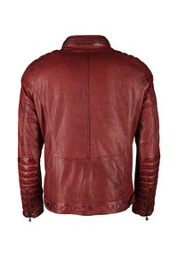 Rote Lederjacke mit glatter Textur, gesteppten Schultereinsätzen, Reißverschlüssen an den Bündchen und einem klassischen Kragen-Design.
