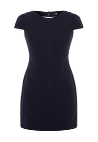 Vestido azul marino con mangas cortas abullonadas, estructura ajustada, escote redondo y una abertura en la parte posterior con dos botones azules. Textura de tela suave.