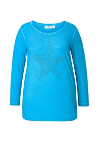 Türkise Langarm-T-Shirt mit einem Stern-Design aus Strasssteinen in der Mitte, Rundhalsausschnitt und lockerer Passform.