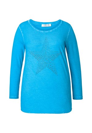 Tyrkysové tričko s dlouhým rukávem, které má uprostřed design hvězdy z kamenů, kulatý výstřih a volný střih.