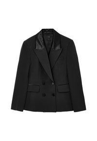 Black double-breasted blazer with satin lapels, featuring two front pockets and a single chest pocket, made from textured material.