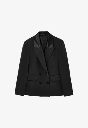 Blazer nero doppiopetto con revers in satin, dotato di due tasche frontali e una tasca sul petto, realizzato in materiale testurizzato.