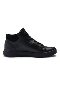 Black leather high-top sneaker with padded ankle collar, lace-up front, and textured rubber sole, shown on a white background.