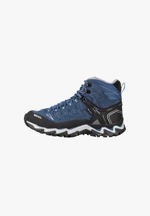 Mittelhohe Wanderstiefel in Marineblau und Schwarz, mit einer Mesh-Oberfläche, Gummizehenschutz und einer strukturierten Sohle mit multidirektionalen Stollen für besseren Grip.
