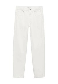 Pantalones vaqueros de mezclilla blanca con un diseño clásico de cinco bolsillos, cierre de botón y cremallera, corte recto y tela suave y texturizada.