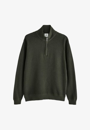 Maglione verde scuro lavorato a maglia con maniche lunghe, mezza zip e collo, polsini e orlo a coste, mostrato su sfondo bianco.
