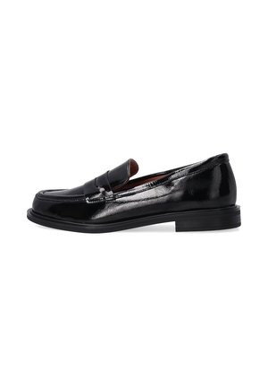 Black patent leather loafers with a smooth finish, featuring a stitched toe design, low stacked heel, and slip-on style with a rounded shape.