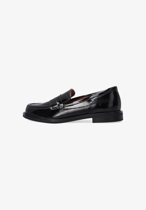 Schwarze Lacklederschlüpfschuhe mit glatter Oberfläche, versehen mit einem gestickten Zehendesign, niedrigem Blockabsatz und runder Form.