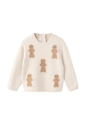 Pull en tricot beige clair avec des appliqués de bonhommes en pain d'épice et des accents roses, col rond et manches longues. Texture douce et coupe décontractée.