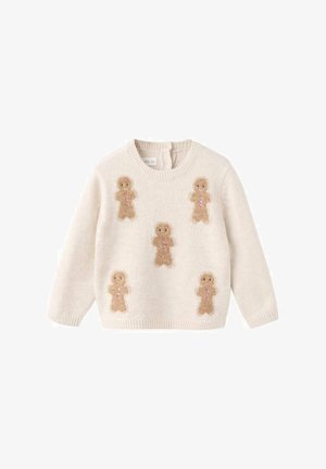 Lichtbeige gebreide truien met gingerbread man applicaties met roze accenten, ronde halslijn en lange mouwen. Zachte textuur en casual pasvorm.